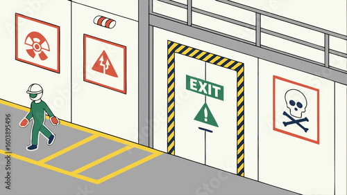 Minimalist vector illustration of industrial safety signs and emergency egress features in modern facility design emphasizing caution and hazard awareness in industrial environments