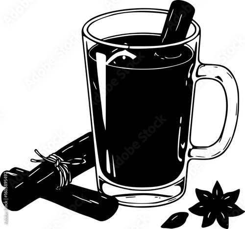 a glass of mulled wine with cinnamon sticks and star anise, black vector, vector illustration, traditional drink, simple background, clean lines
