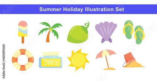 Summer Vacation Icon Pack in Cartoon Style. Vector Flat Illustration