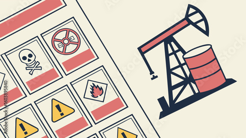 Minimalist Vector Illustration of Oil Pumpjack and Hazard Symbols for Energy Industry and Safety Signage Design Concepts