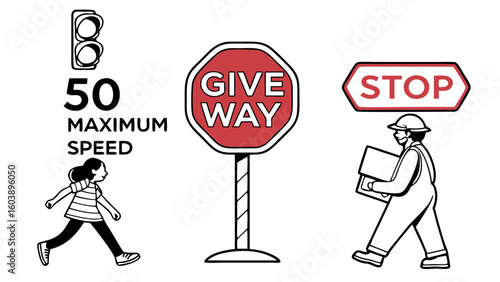 Minimalist vector illustration of pedestrian crossing and traffic signs featuring a crossing signal a give way sign a stop sign and a worker with a briefcase emphasizing urban safety and road