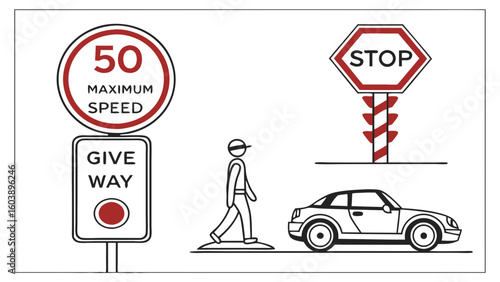 Minimalist Vector Illustration of Road Signs and Pedestrian Crossing with Car and Figure for Traffic Safety and Transportation Design Concepts