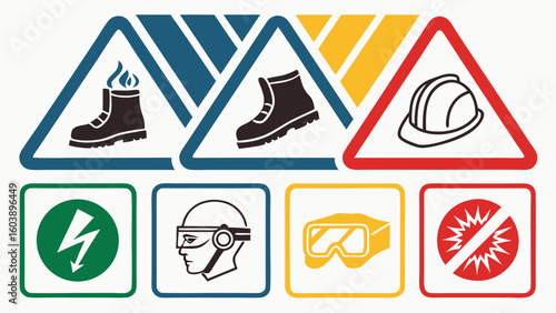 Minimalist Vector Icon Set Depicting Safety and Work Environment Symbols for Industrial and Construction Sites with Modern Flat Design Illustrations for Safety Protocols and Hazard Warnings
