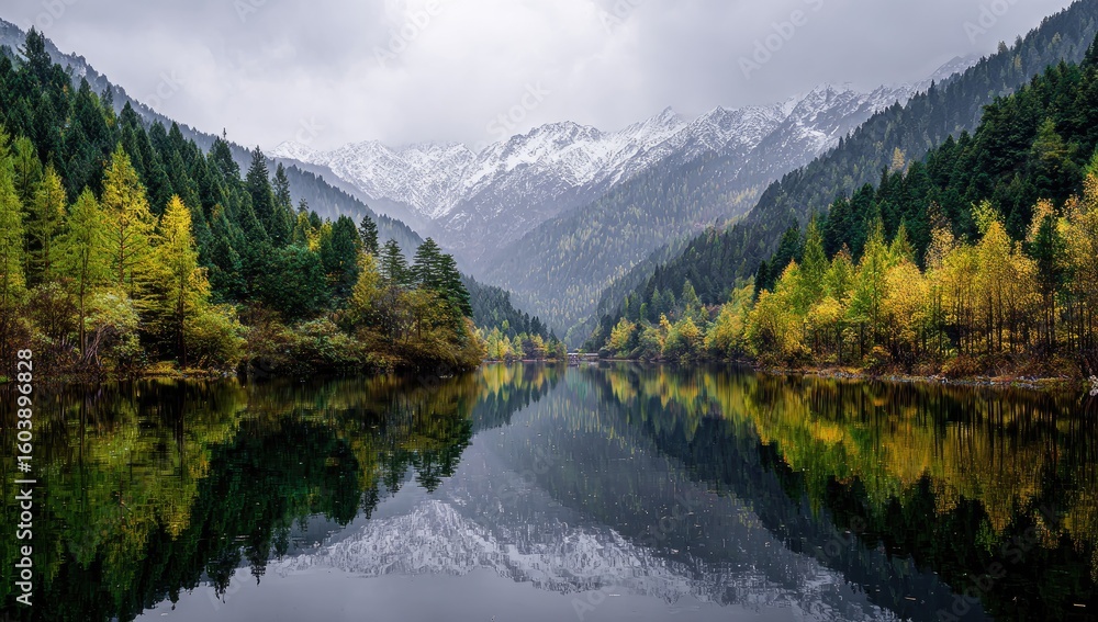 Fototapeta premium Autumnal mountain lake, mirrored reflection