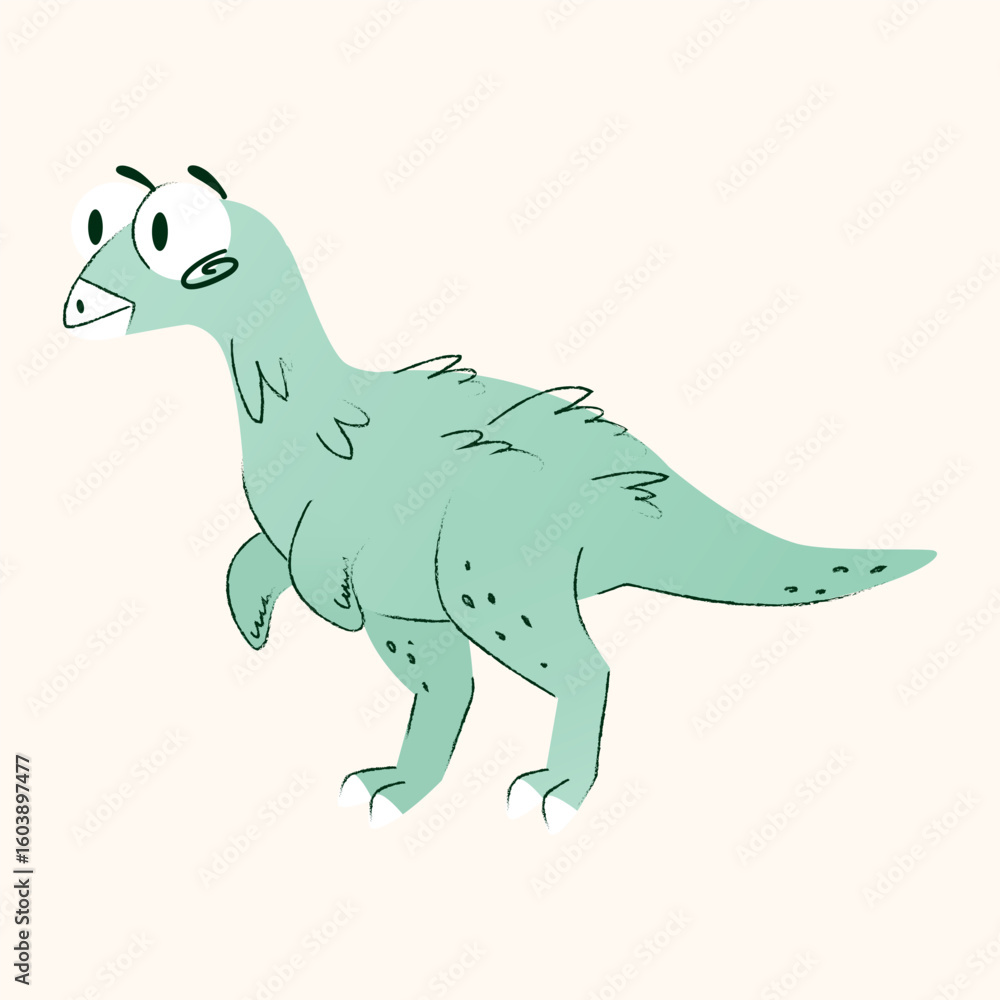 Fototapeta premium A cartoon dinosaur with a light blue body and a friendly expression. He has small hands, a long tail and a playful pose. Vector illustration