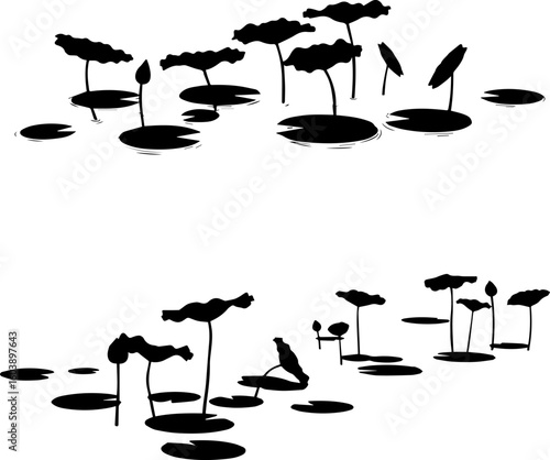 Silhouette illustration of lily pads and lotus flowers floating on water, creating a peaceful and serene scene.