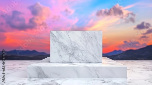 A white marble pedestal with a square base sits on a marble floor against a sunset backdrop.