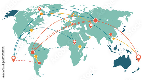 Minimalist Vector World Map with Global Connectivity and Strategic Travel Routes Illustration for Business and Technology Visualization