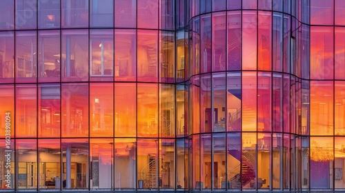 Modern glass skyscraper facade reflecting sunset hues. Windows show interiors lit by natural light