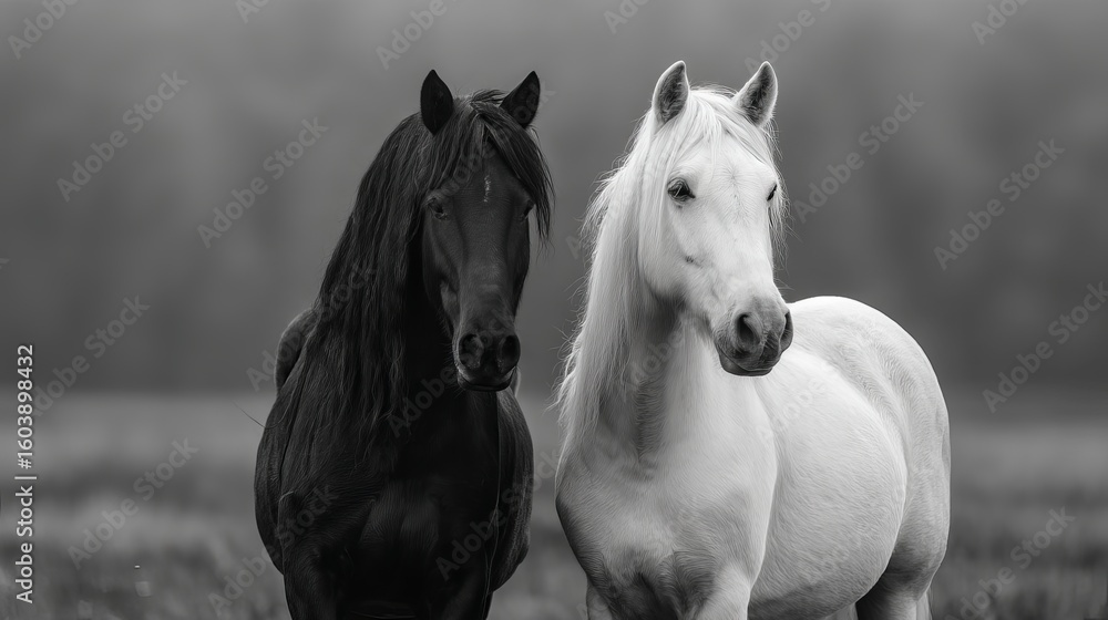 Obraz premium Two majestic horses, one black and one white, stand side by side in a serene setting.