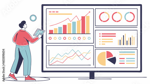 Modern Vector Business Analytics Dashboard with Data Visualization Charts and Graphs Illustrating Performance Metrics and Market Trends in a Minimalist Style for Presentations and Reports