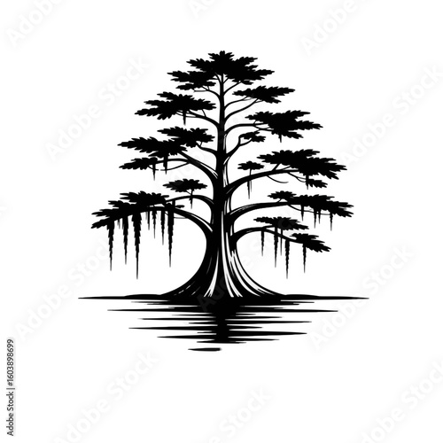 T-shirt trees design vector silhouette cypress tree vector graphic design, bald cypress swamp tree illustration, black and white art