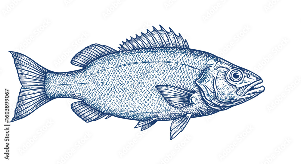 Detailed drawing of a fish with vintage engraving style on white backg