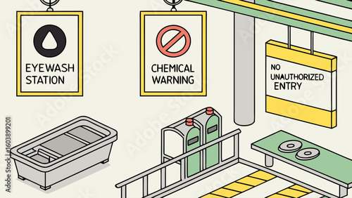 Vector Illustration of a Laboratory Safety Signage System Featuring Chemical Warning Eyewash Station No Unauthorized Entry and Hazard Indicators in a Modern Facility Setting