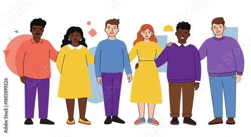 Diverse group of friends embracing in colorful flat design