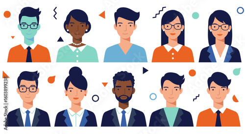 Diverse set of business people avatars in flat design with geometric e