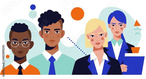 Diverse team of professionals in modern flat design with geometric ele