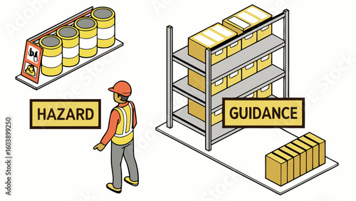 Vector Illustration of Hazardous Materials Handling and Safety Guidelines for Warehouse Workers and Storage Safety Protocols in Industrial Environments