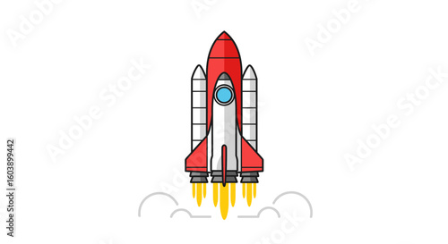 Flat style red rocket taking off with white background and smoke trail