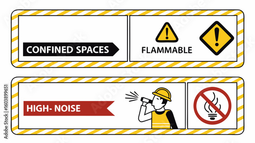 Vector Safety Warning Sign Set for Confined Spaces Flammable High Noise Hazards in Industrial Environments Minimalist Design