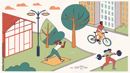 Vibrant Minimalistic Vector Illustration of People Engaging in Urban Outdoor Activities with Bicycles and Exercise in a Modern City Park Scene with Trees and Buildings
