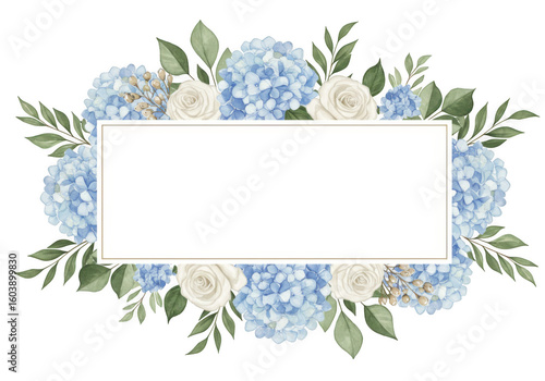 Watercolor floral frame with blue hydrangeas and white roses ideal for invitations and announcements isolated on transparent background