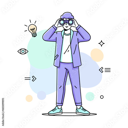Flat Vector Illustration of Character Using Binoculars for Observation