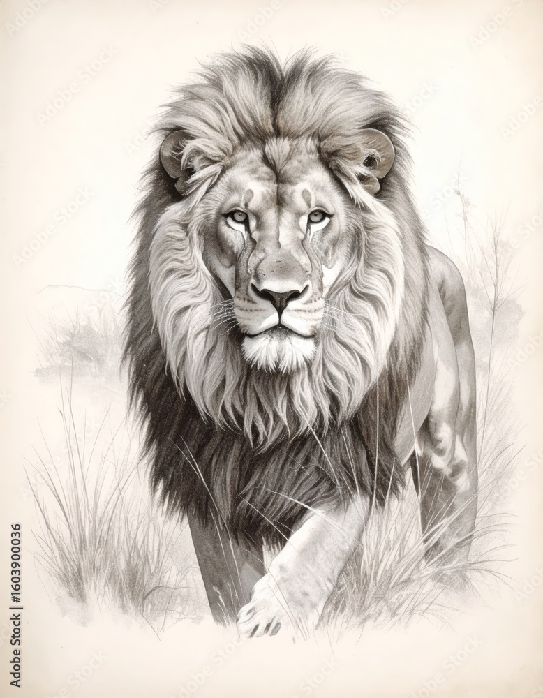 Fototapeta premium An artistic illustration of a majestic male lion with a full mane, walking gracefully through dry grass.