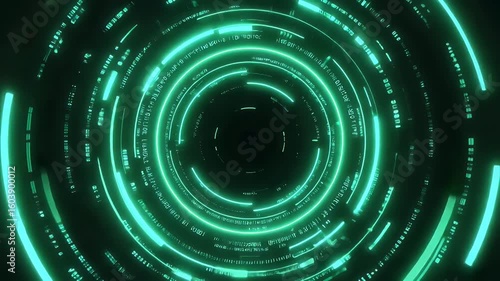A luminous vortex of concentric turquoise neon rings with textual fragments, emanating from a dark center
