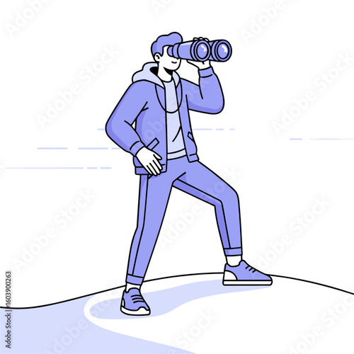 Focused Exploration A Young Man's Vision with Binoculars, Seeking New Horizons and Discoveries in a Minimalist Illustration