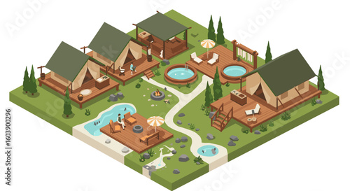 Luxurious outdoor glamping resort with tents and hot tubs in isometric