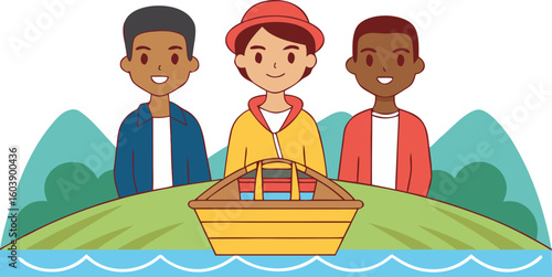 Vector three friends on a picnic boat ride blanket and basket on deck lake and mountains in background with white background.