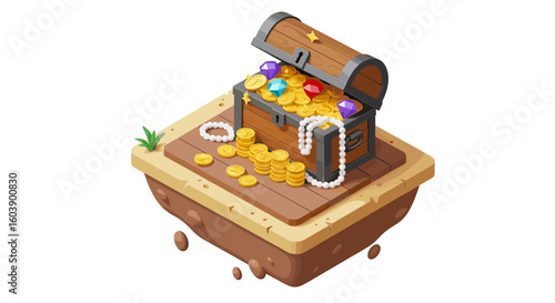 Treasure chest with gold coins and jewels in isometric design on float