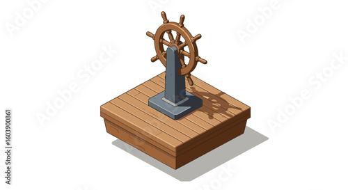 Isometric nautical ship wheel on wooden platform with shadow