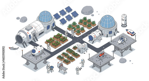 Futuristic mars colony with solar panels and agriculture in isometric