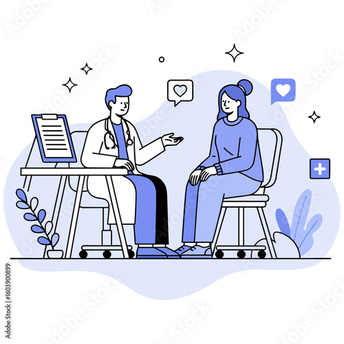 A compassionate male doctor in a modern clinic providing a medical consultation to a female patient, discussing treatment and healthcare options.
