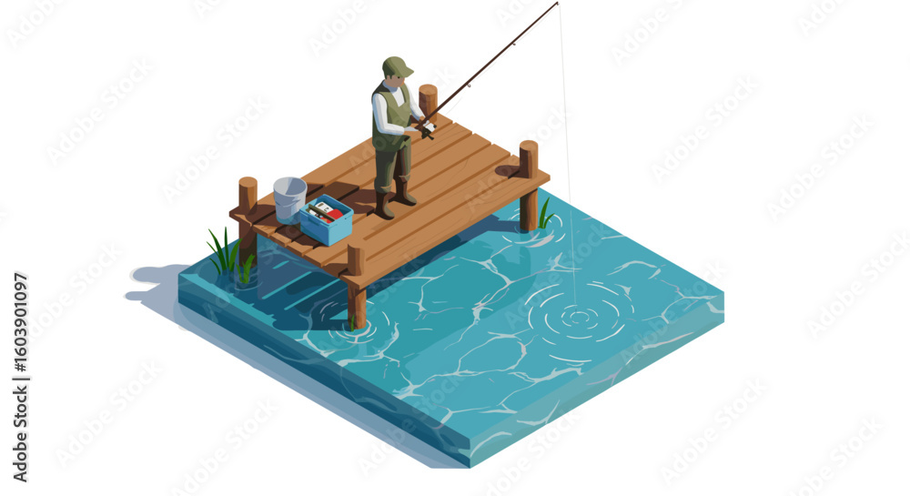 Obraz premium Isometric fishing scene with fisherman on wooden dock over calm water