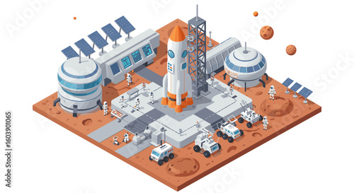 Futuristic space colony with rocket launchpad and rovers on martian la