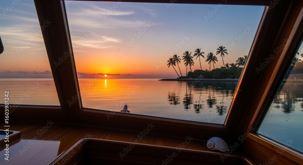 Fototapeta premium Sunset View from Boat Window with Palm Trees and Calm Water