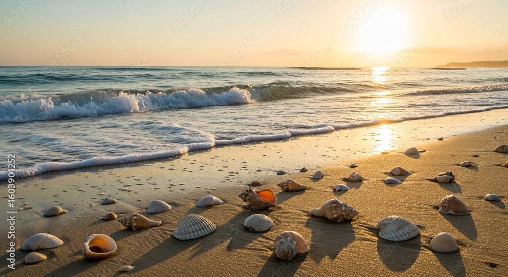 Peaceful beach with scattered seashells, golden sand, soft waves, clear light Peaceful beach with scattered seashells, golden sand, soft waves, clear light