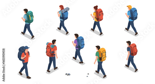 Isometric backpackers: diverse hikers in motion on white background