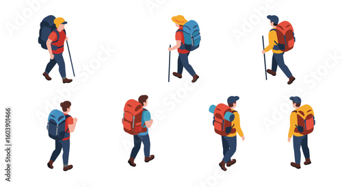 Isometric hikers with backpacks in outdoor adventure poses
