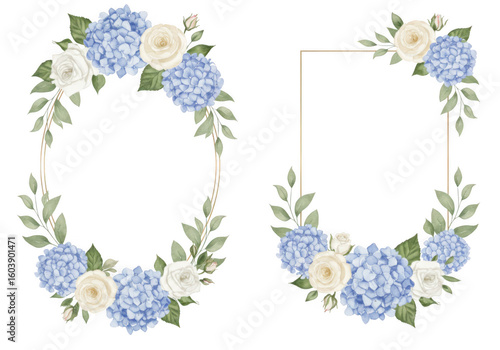 Watercolor floral frames with blue hydrangeas and white roses for invitations and decorations isolated on transparent background