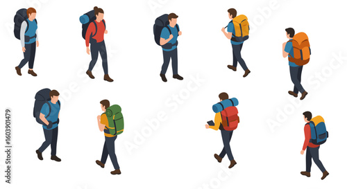 Diverse group of isometric hikers with backpacks walking in various di