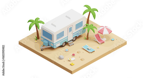 Isometric beach scene with camper van, palm trees, and relaxing summer