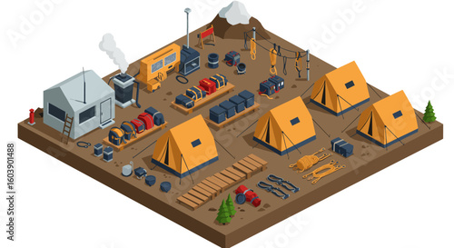 Isometric camping site with tents and equipment set in vibrant outdoor