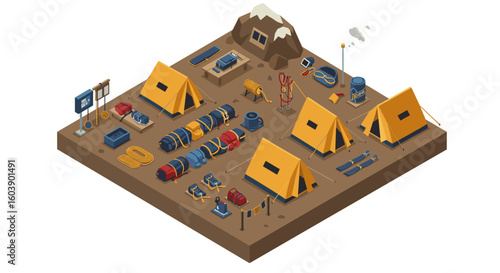 Isometric mountaineering camp with tents and equipment on mountain bas