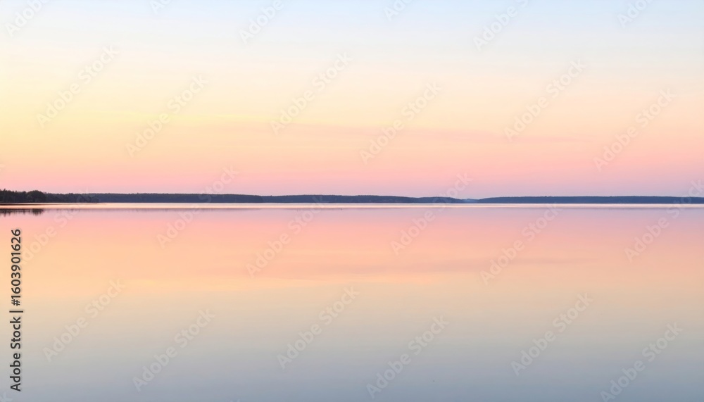 Obraz premium Pastel Sunset Reflected on Calm Lake with Minimalist Horizon 