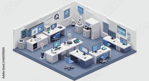 Isometric technology lab interior with digital workstations and futuri