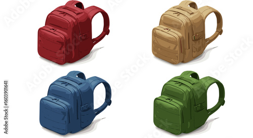 Colorful tactical backpacks displayed in 3d perspective on white backg